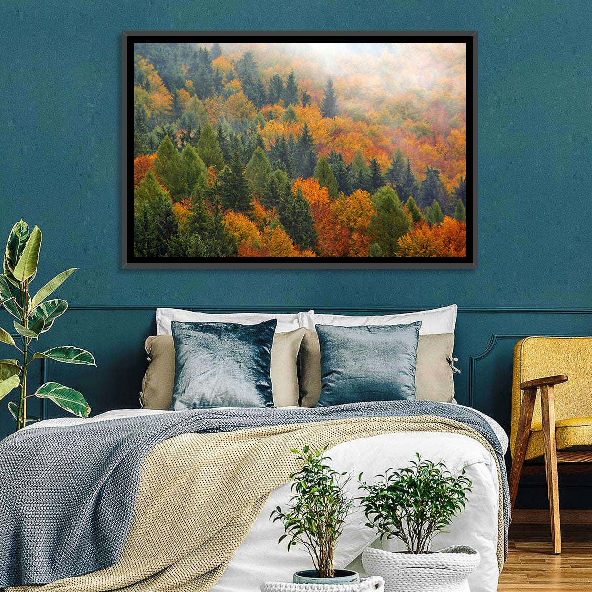 Misty Autumn Forestscape Wall Art in a room, landscape
