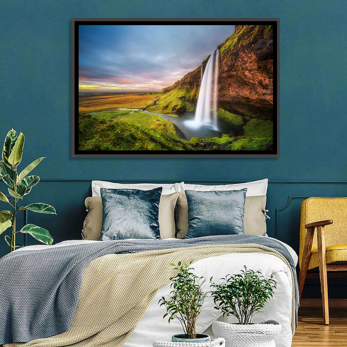 Seljalandsfoss Waterfall Wall Art in a room, landscape
