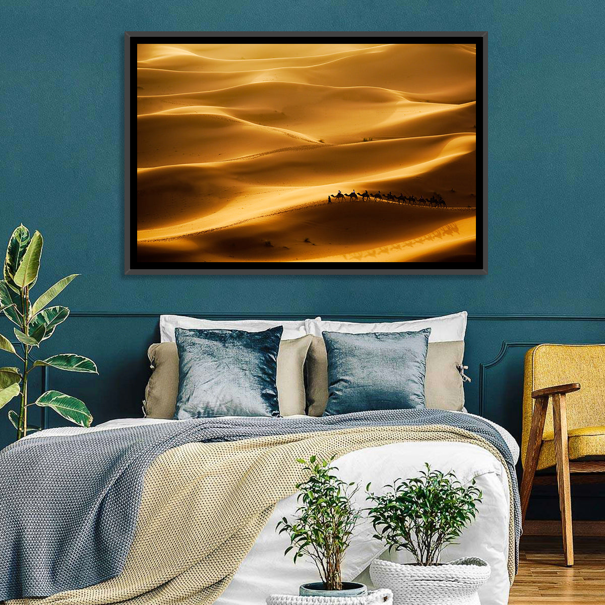 Golden Hour Camel Caravan Wall Art in a room, landscape