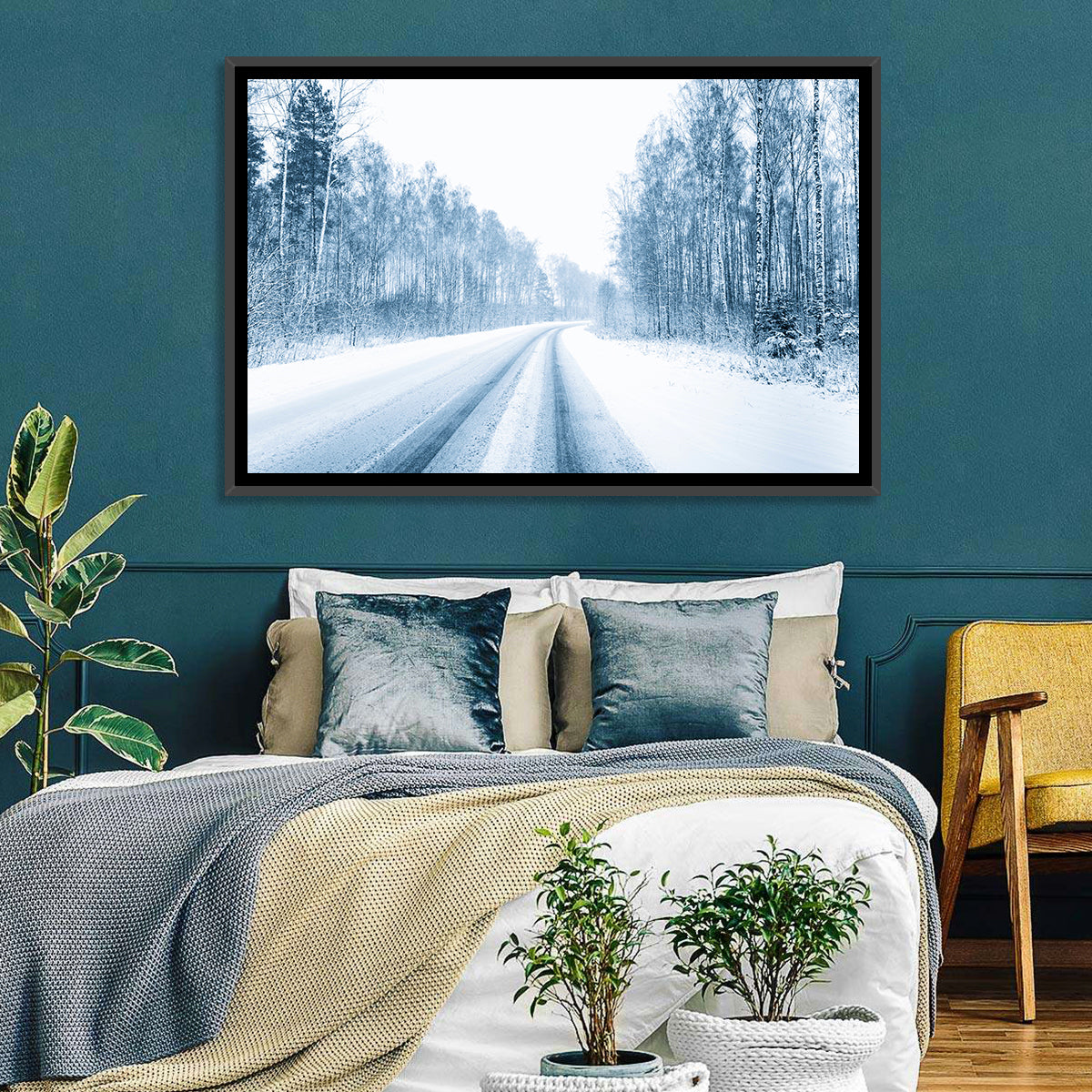 Tire Tracks on Snowy Road Wall Art in a room, landscape