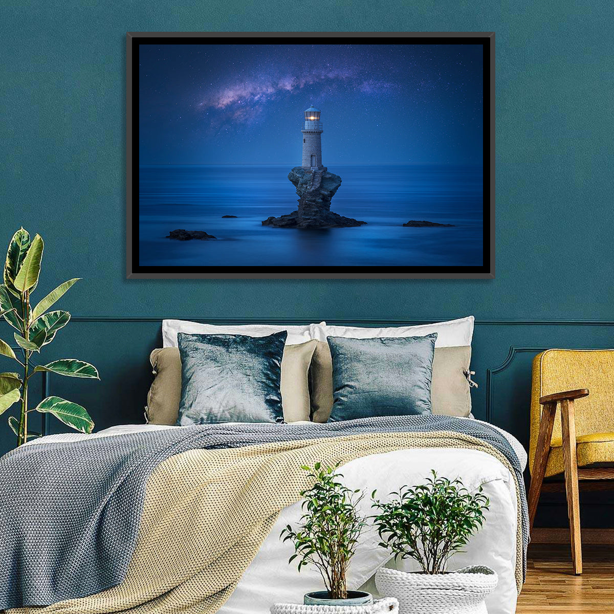 Tourlitis Lighthouse Nightscape Wall Art in a room, landscape