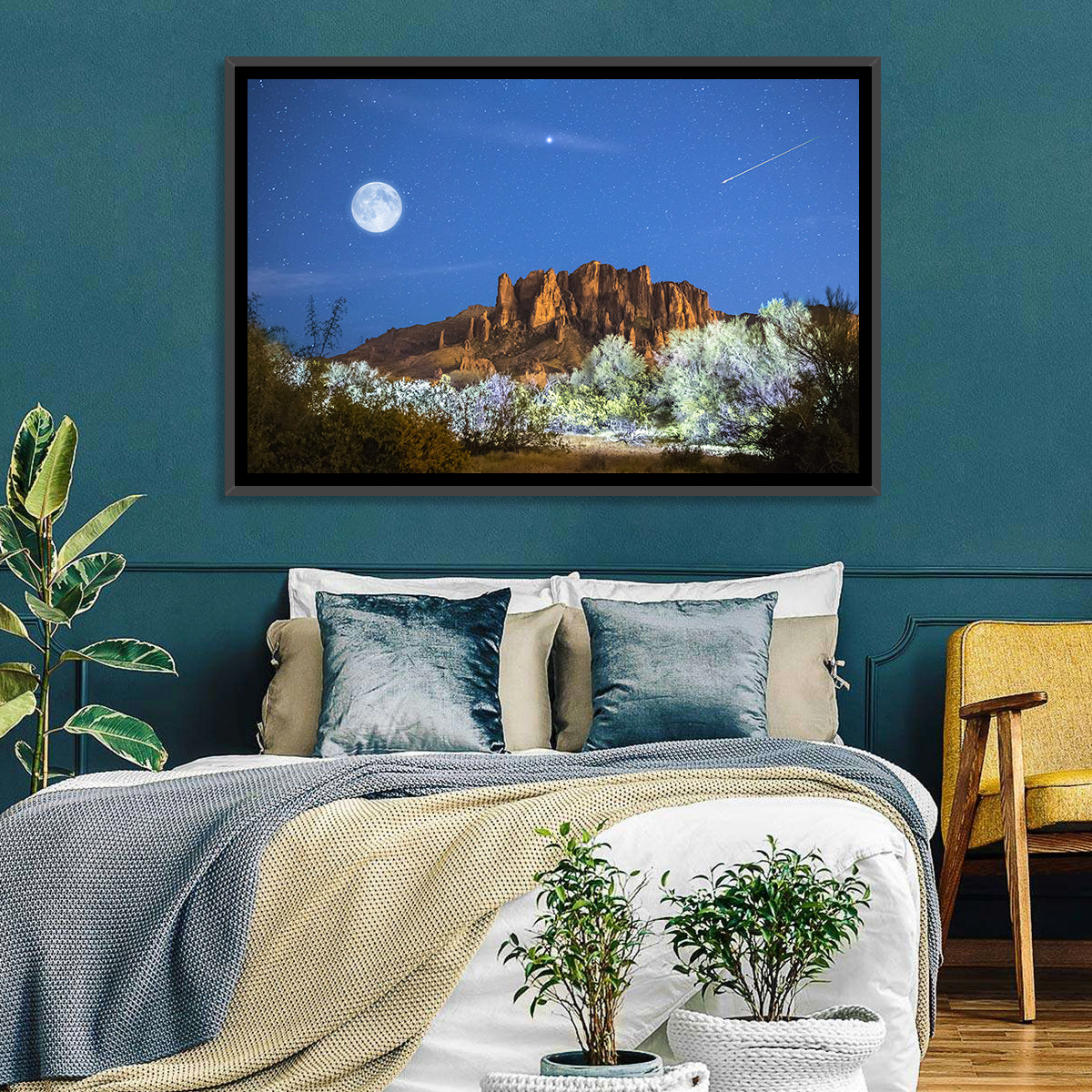 Moonlit Superstition Mountains Arizona Wall Art in a room, landscape