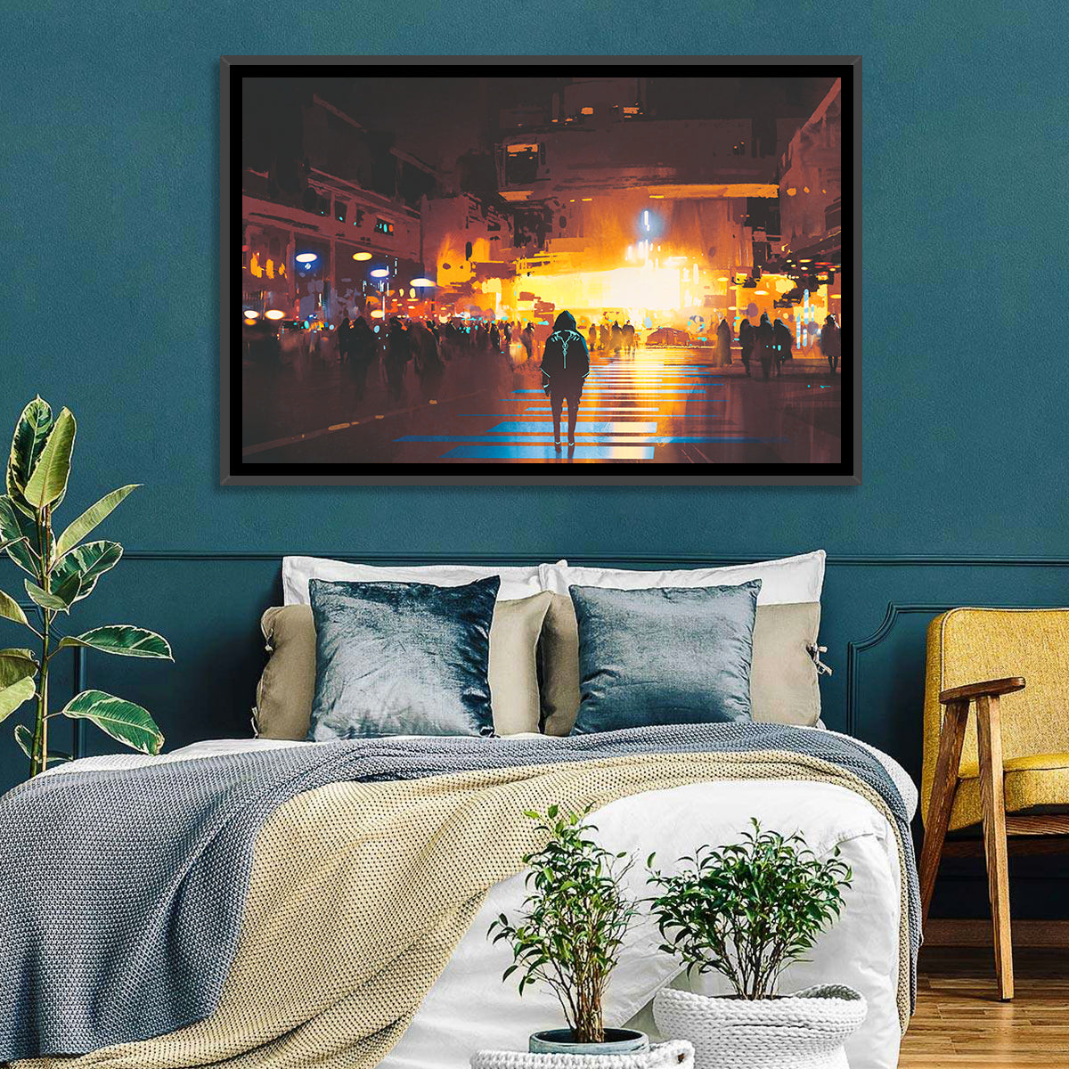 Futuristic Neon Cityscape Wall Art in a room, landscape