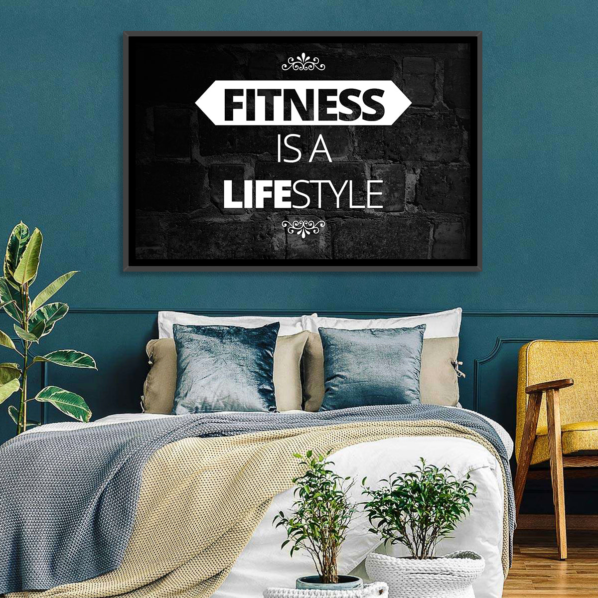 Fitness Is a Lifestyle Brick Quote Wall Art in a room, landscape