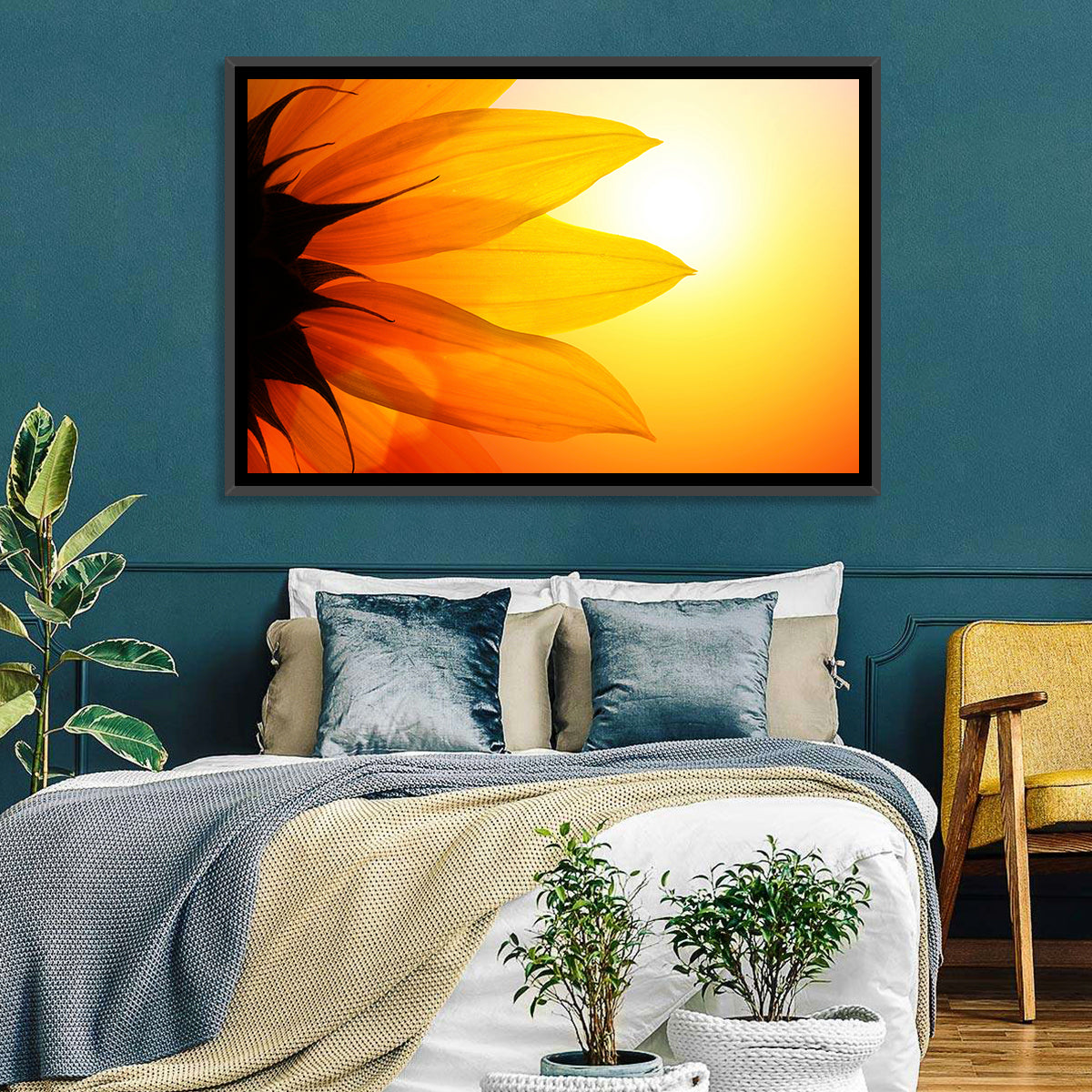 Backlit Sunflower Petals Wall Art in a room, landscape
