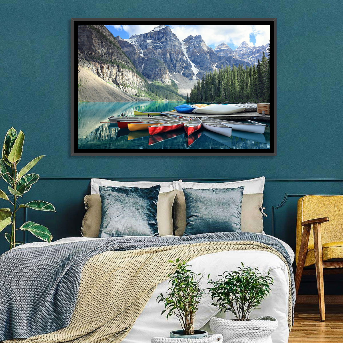 Moraine Lake Canoes at Lake Louise Wall Art