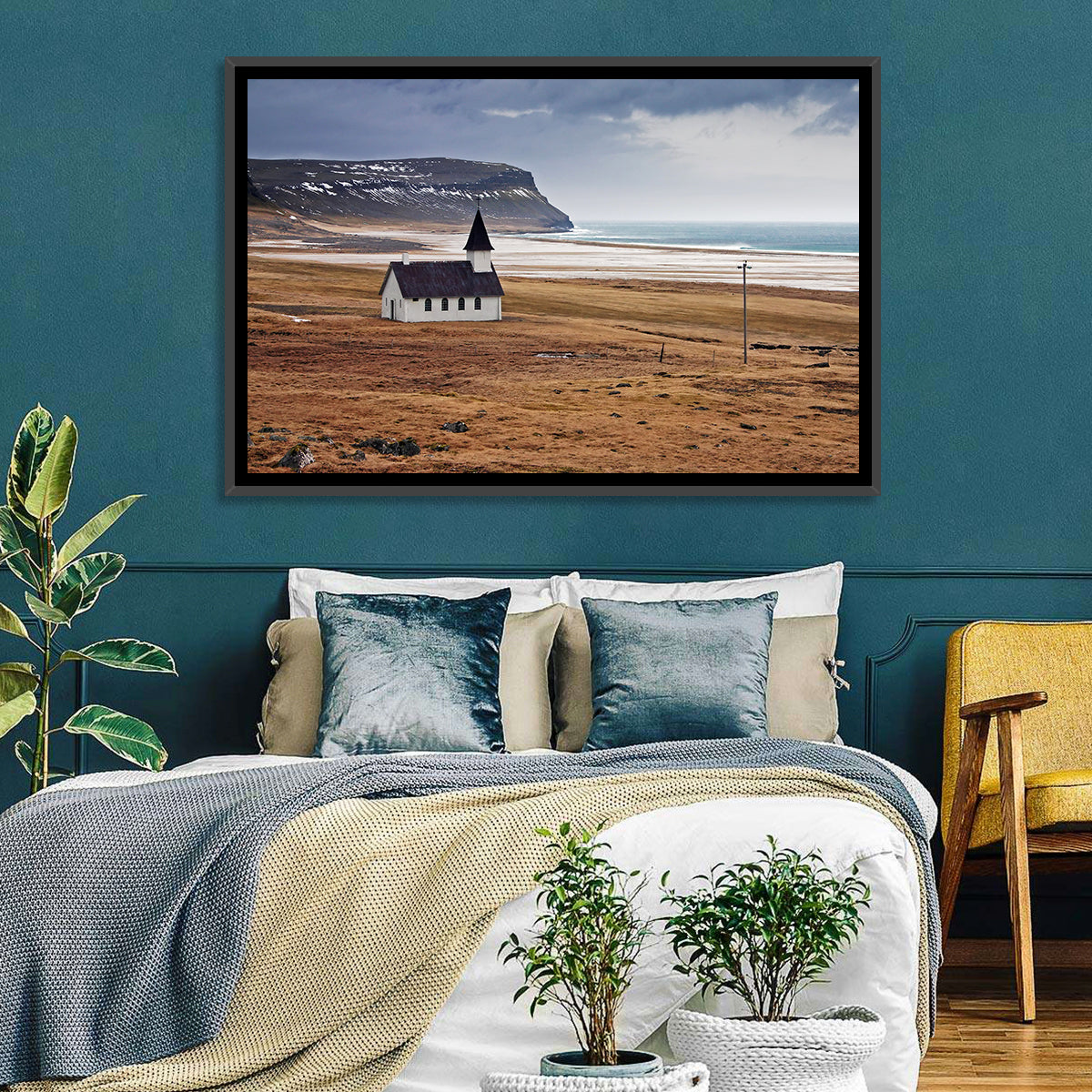 Icelandic Church with Dark Steeple Wall Art in a room, landscape