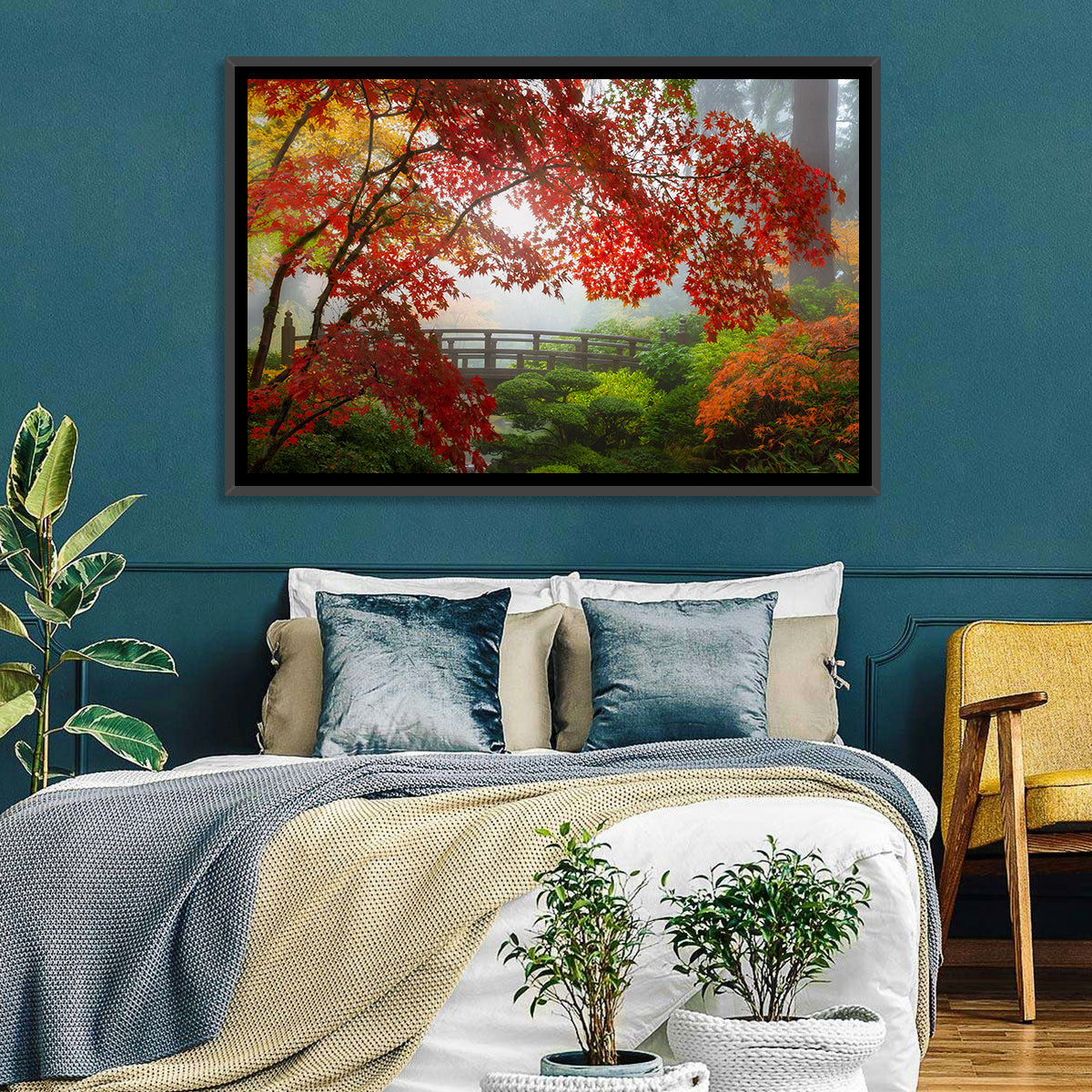 Portland Moon Bridge in Autumn Mist Wall Art in a room, landscape