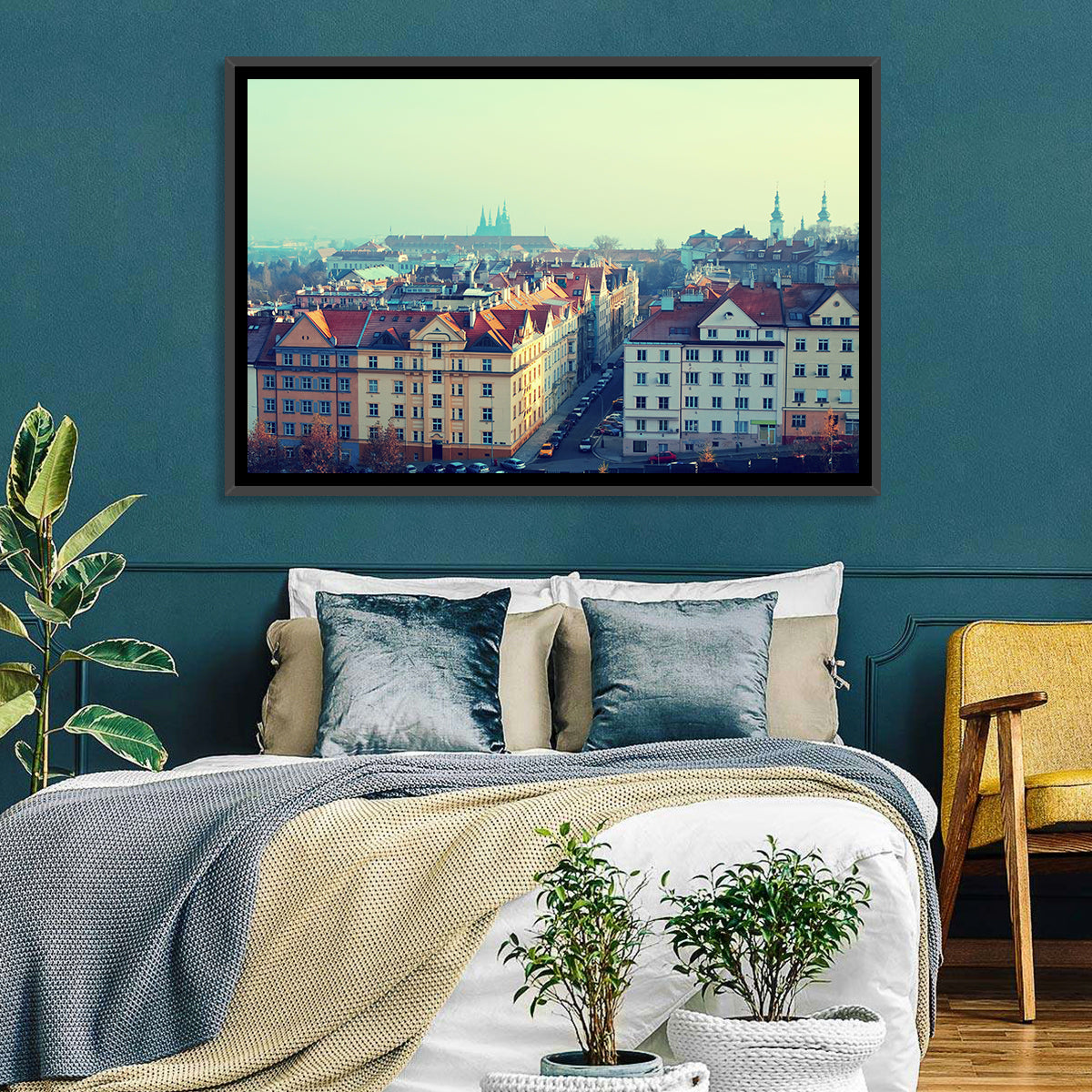 Prague Rooftops with St. Vitus Cathedral Wall Art in a room, landscape