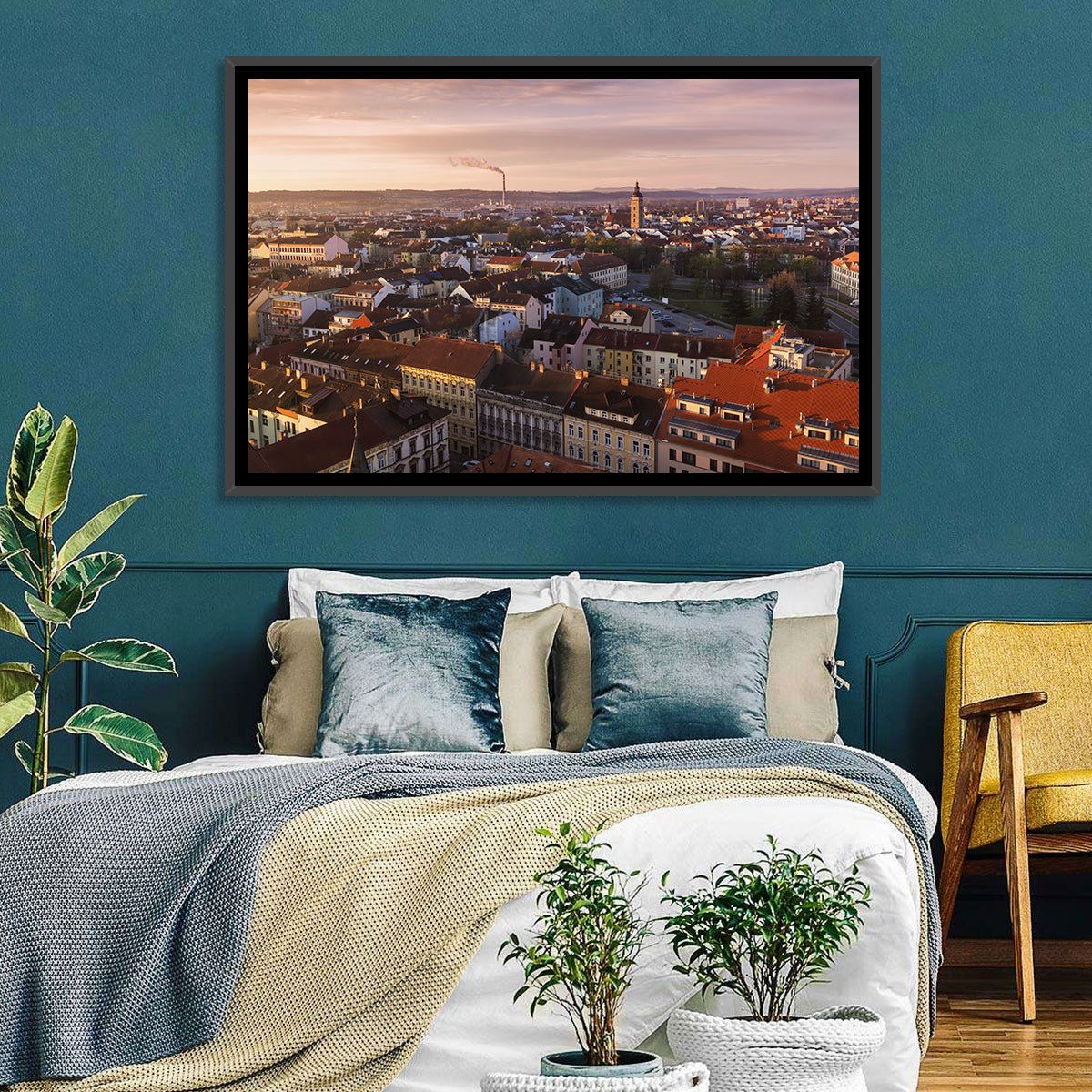 Red Tiled Rooftops at Golden Hour Wall Art in a room, landscape