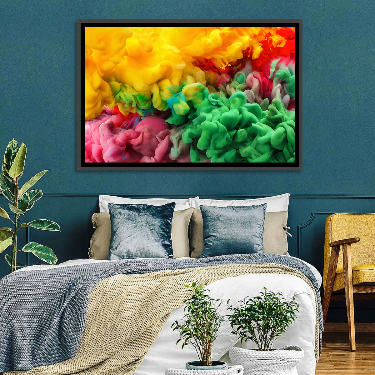 Vibrant Underwater Ink Cloud Abstract Wall Art in a room, landscape