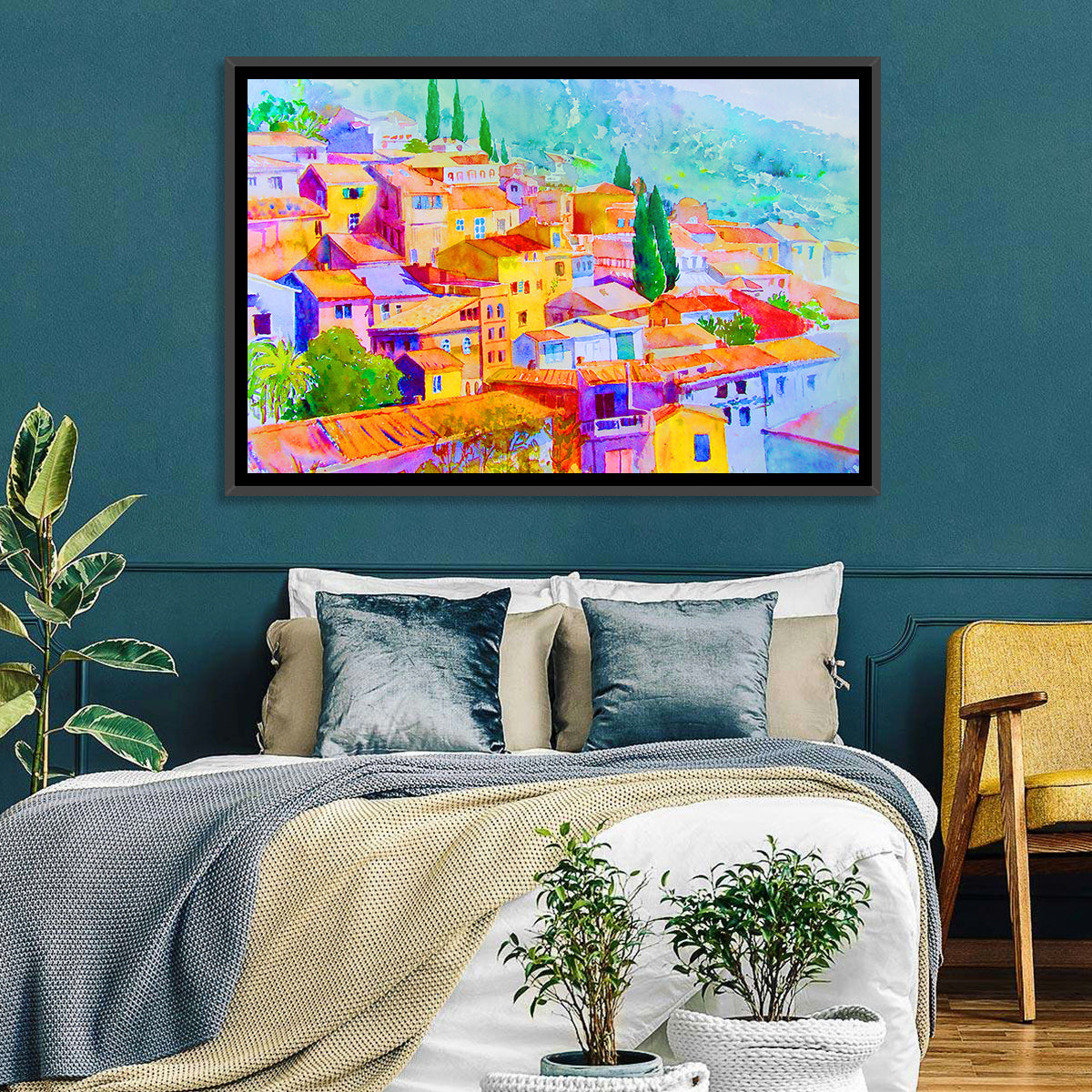 Mediterranean Hillside Watercolor Village Wall Art in a room, landscape