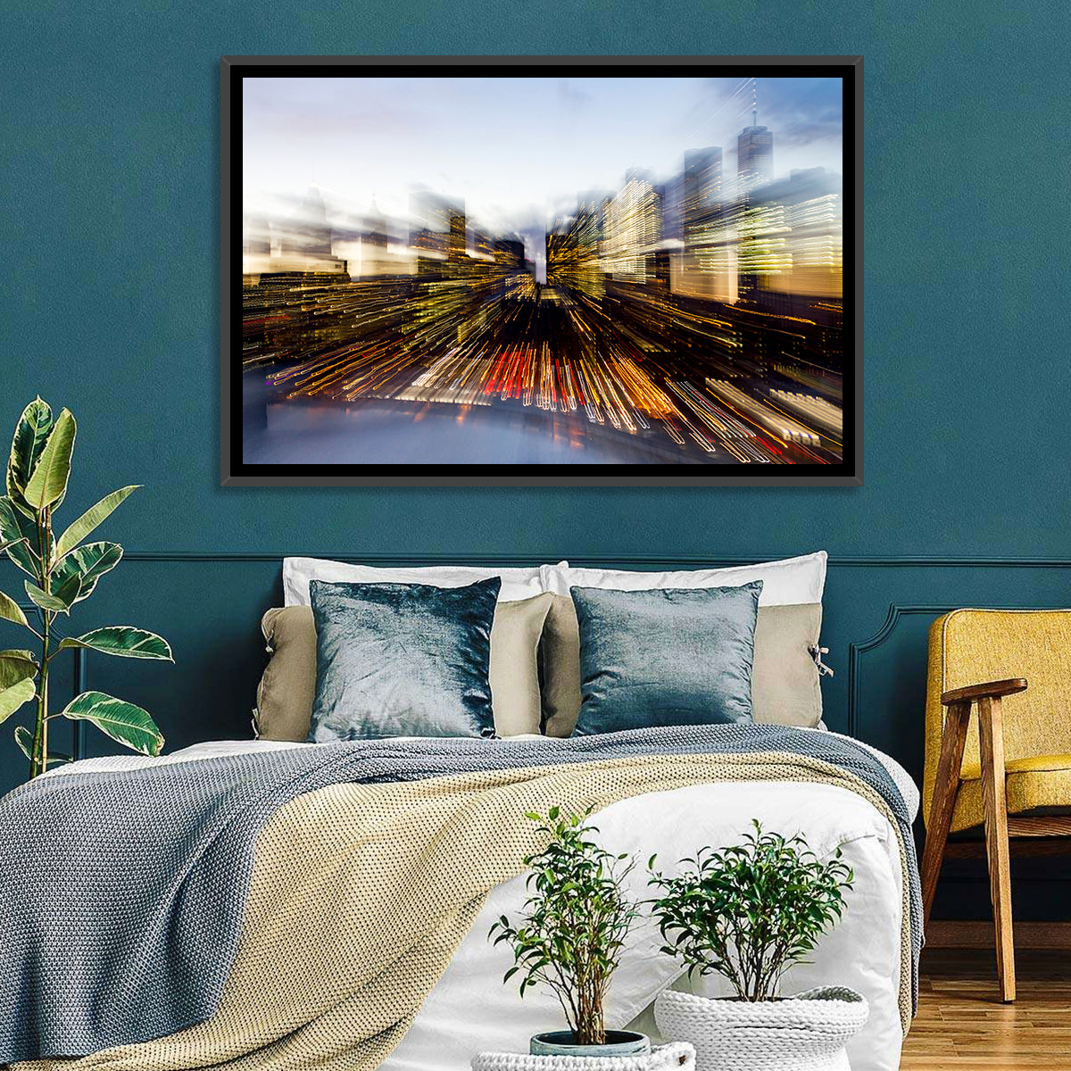 Zoom Burst Skyline Abstract Wall Art in a room, landscape