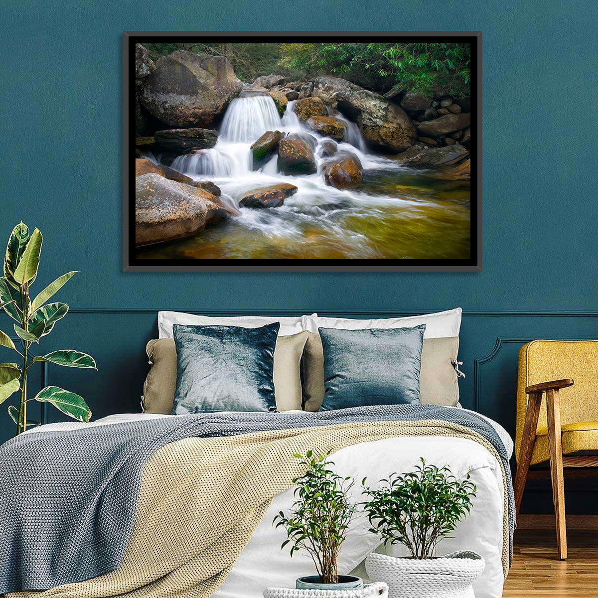 Blue Ridge Mossy Waterfall Wall Art in a room, landscape