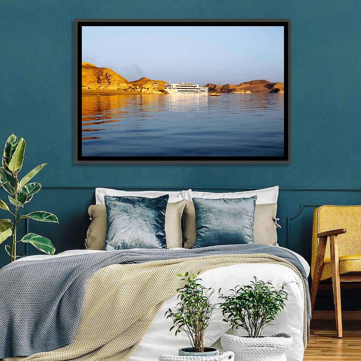 Lake Nasser Cruise Ship at Golden Hour Wall Art in a room, landscape