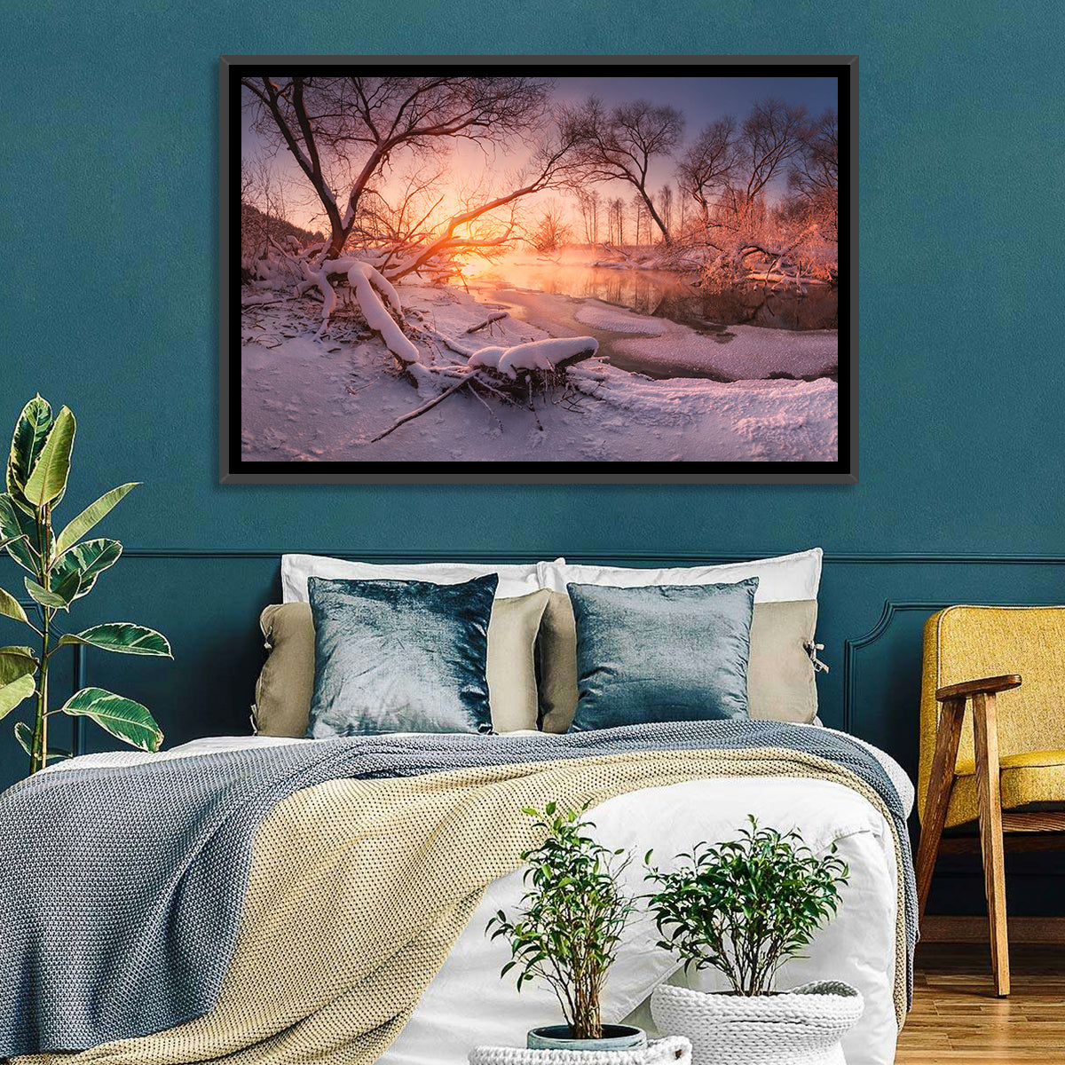 Sunset Over Snowy Forest Lake Wall Art