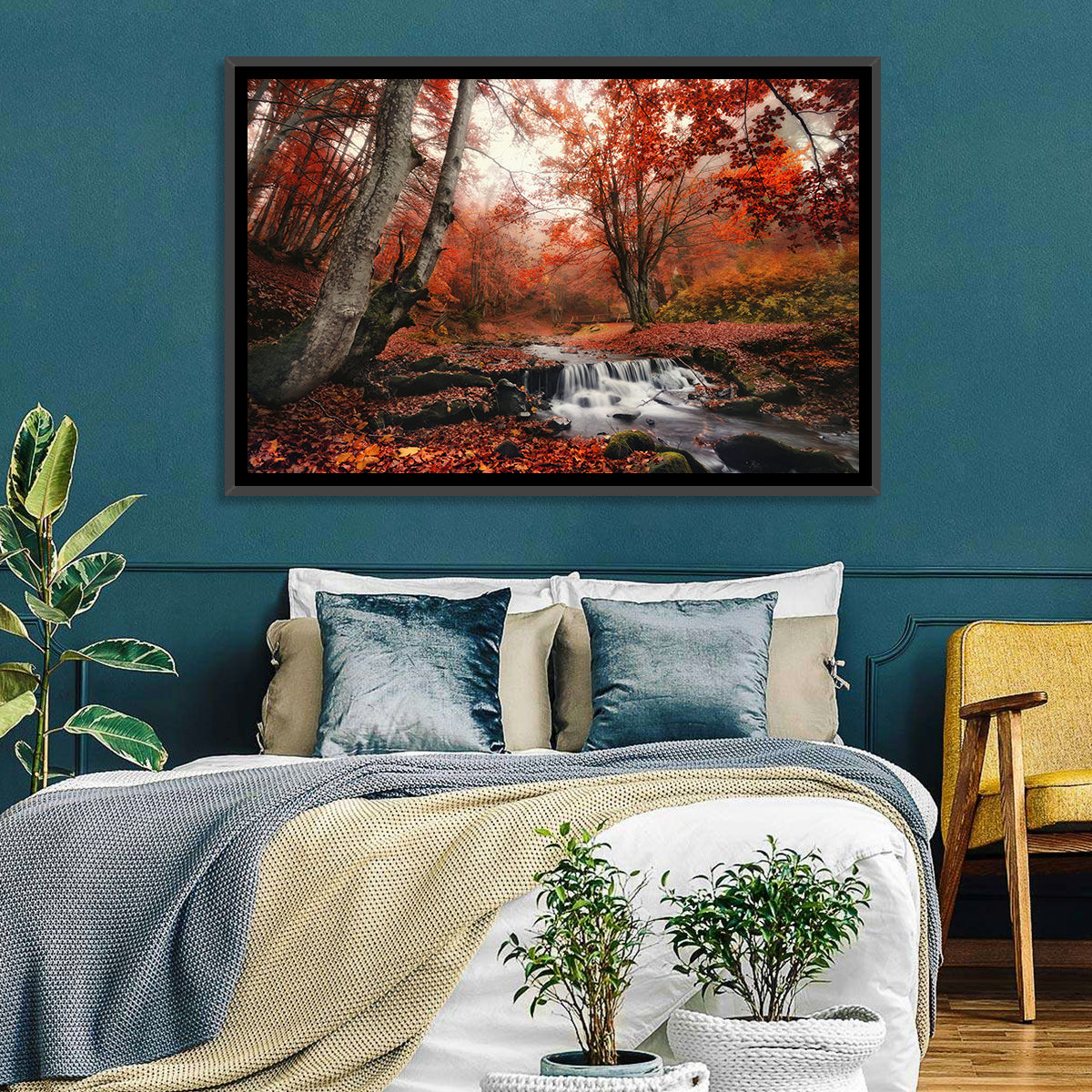 Autumn Forest Stream with Footbridge Wall Art in a room, landscape