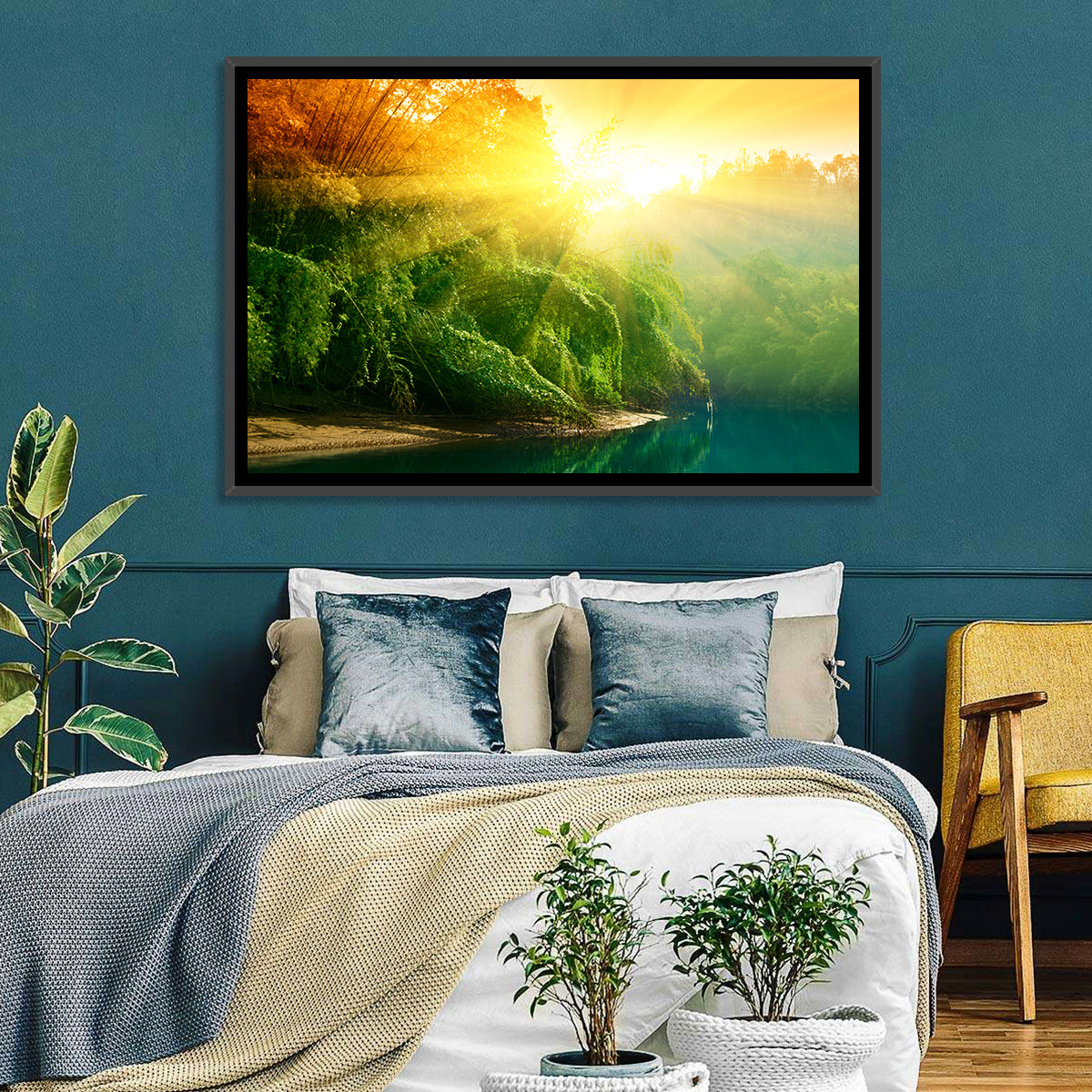 Golden Bamboo Riverbank Wall Art in a room, landscape