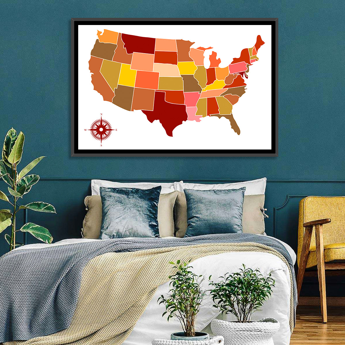 Stylized United States Map Wall Art in a room, landscape