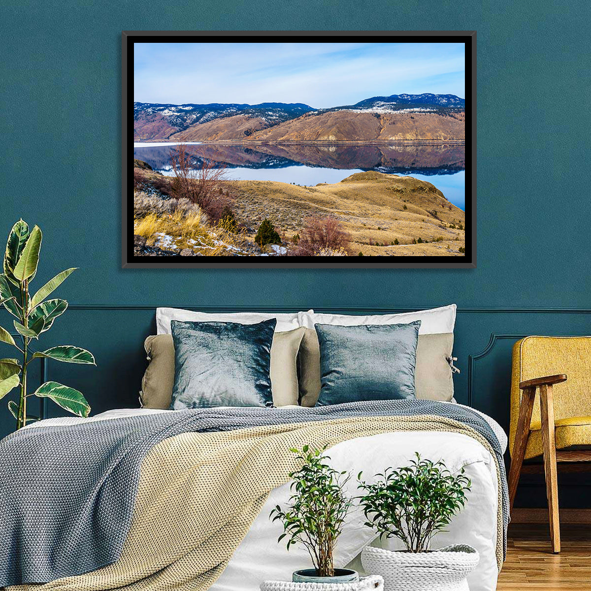 Kamloops Lake Mountain Reflection Wall Art in a room, landscape