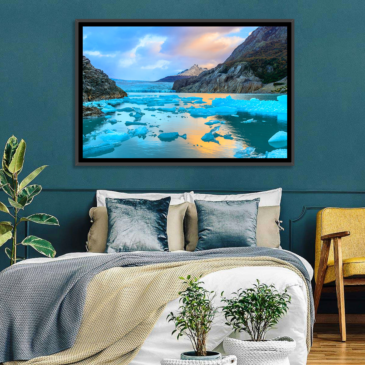 Grey Glacier at Sunset Wall Art in a room, landscape