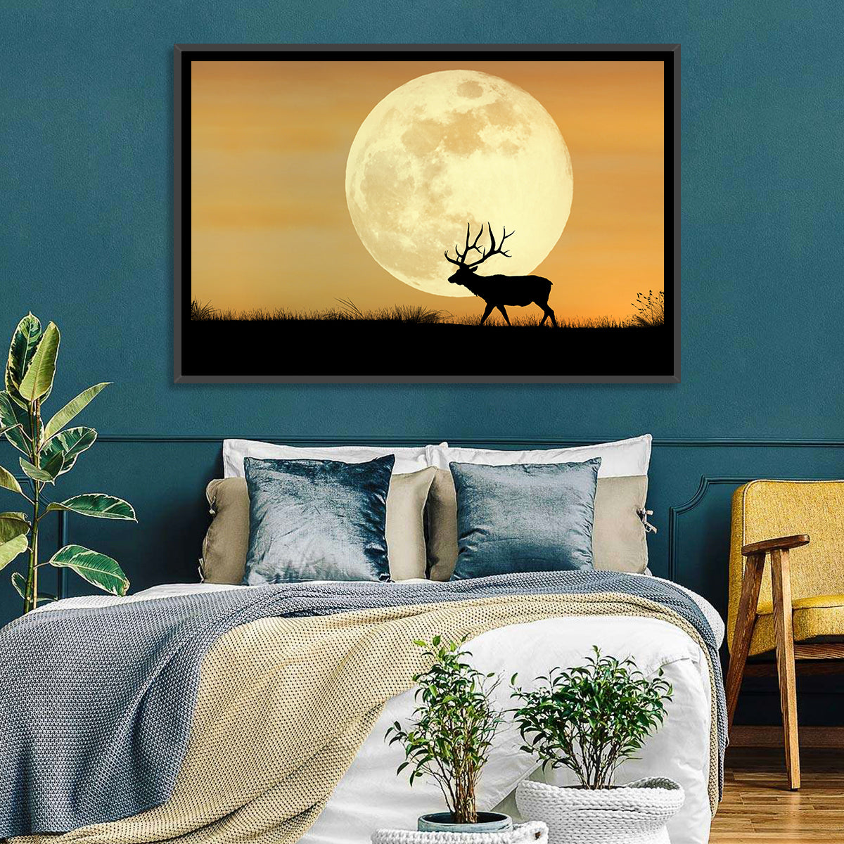 Bull Elk Silhouette Under Supermoon Wall Art in a room, landscape