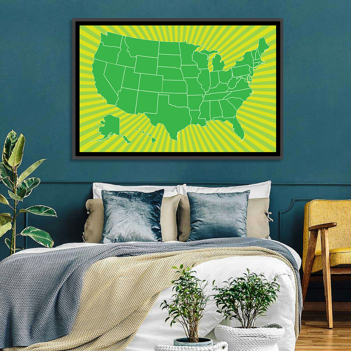 Green Sunburst USA Map Wall Art in a room, landscape