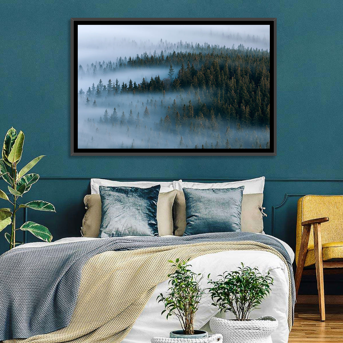 Morning Mist Over Pine Valley Wall Art in a room, landscape