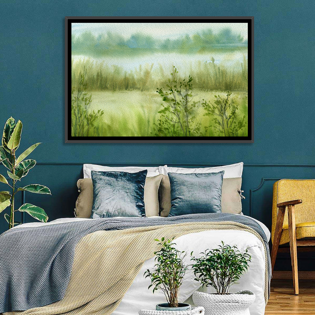 Misty River Meadow Watercolor Wall Art