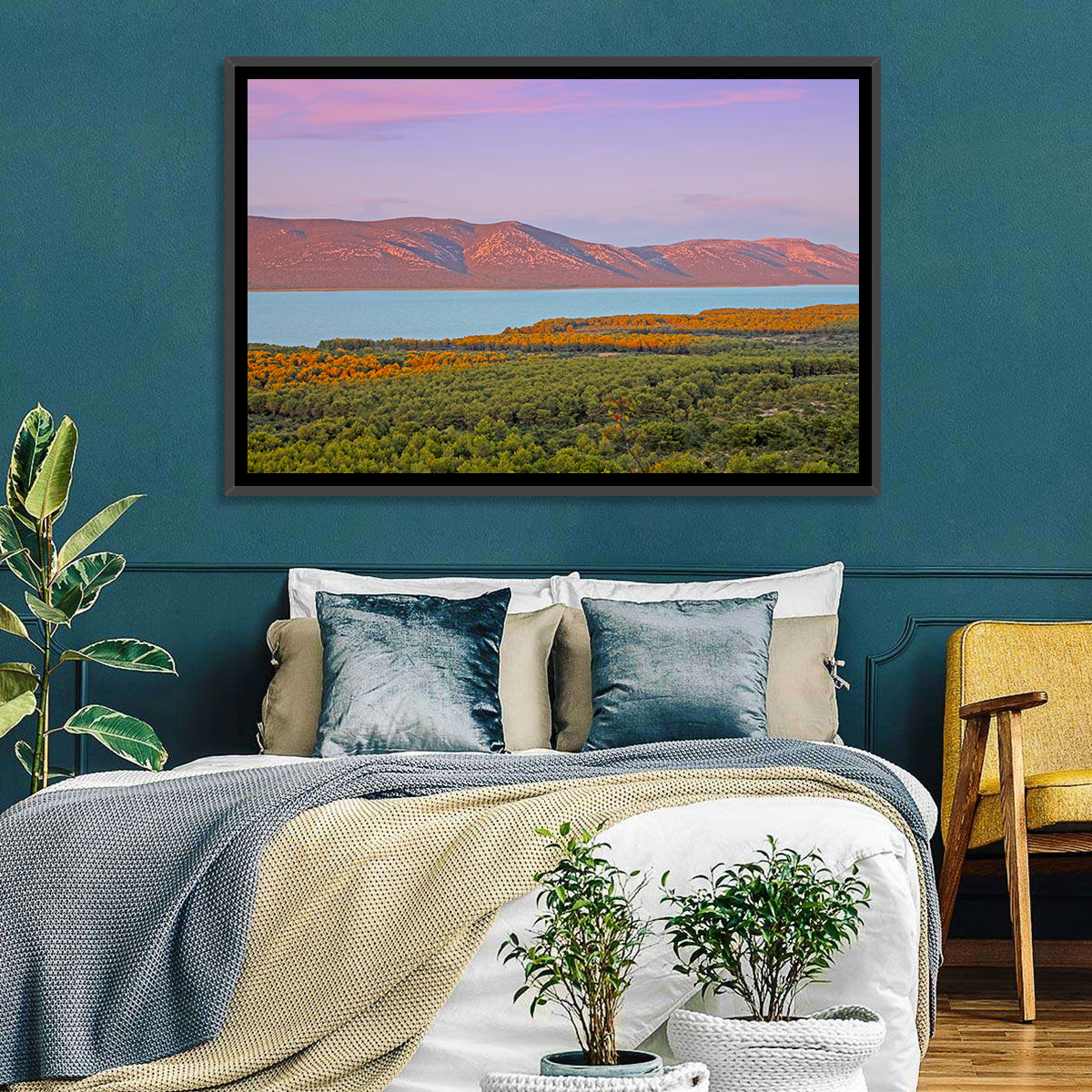 Lake Vrana Golden Hour Wall Art in a room, landscape