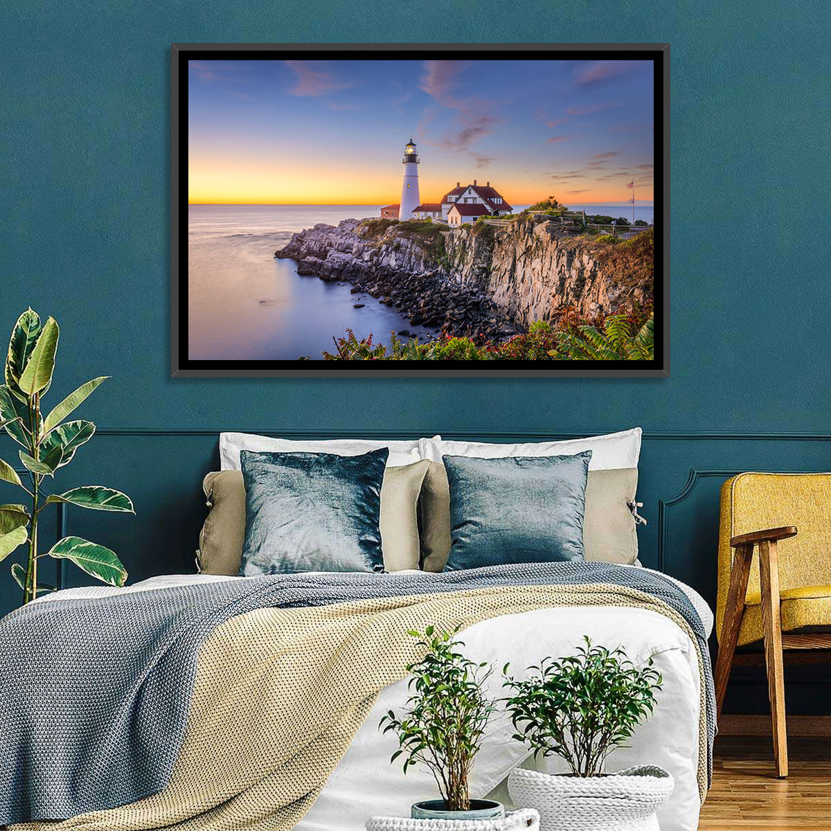 Portland Head Light at Dusk Wall Art in a room, landscape