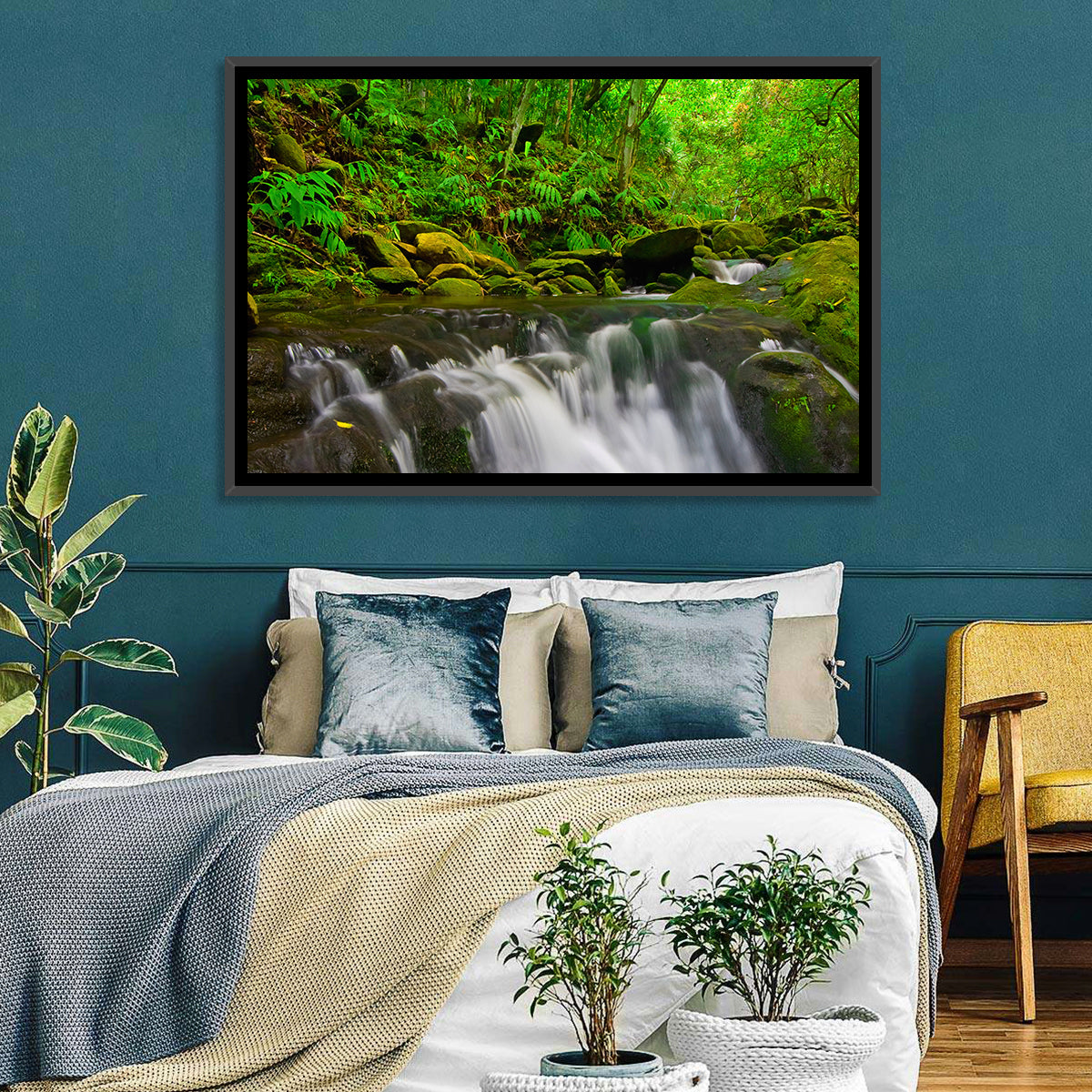 Emerald Jungle Stream Wall Art in a room, landscape