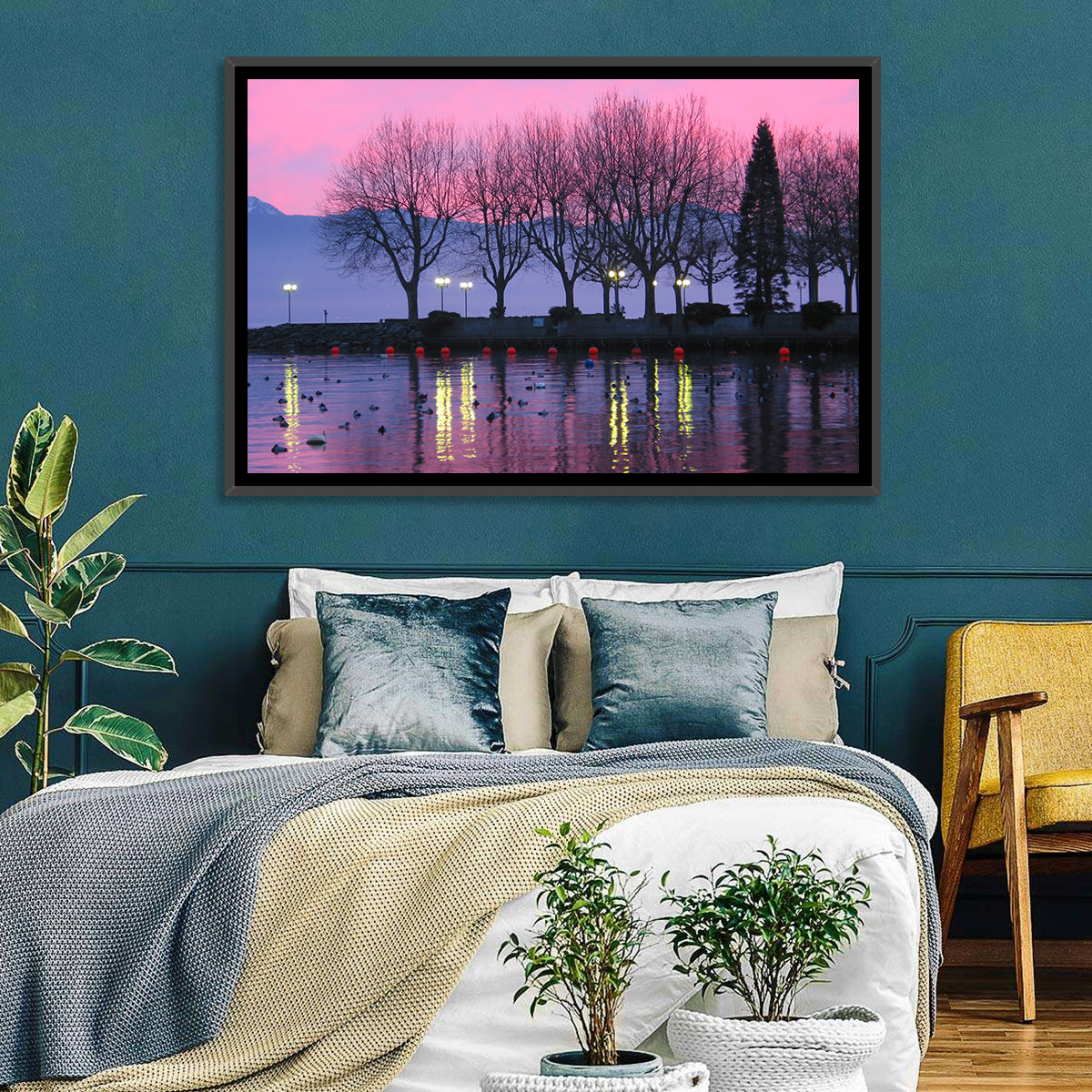 Lake Geneva Twilight Wall Art in a room, landscape