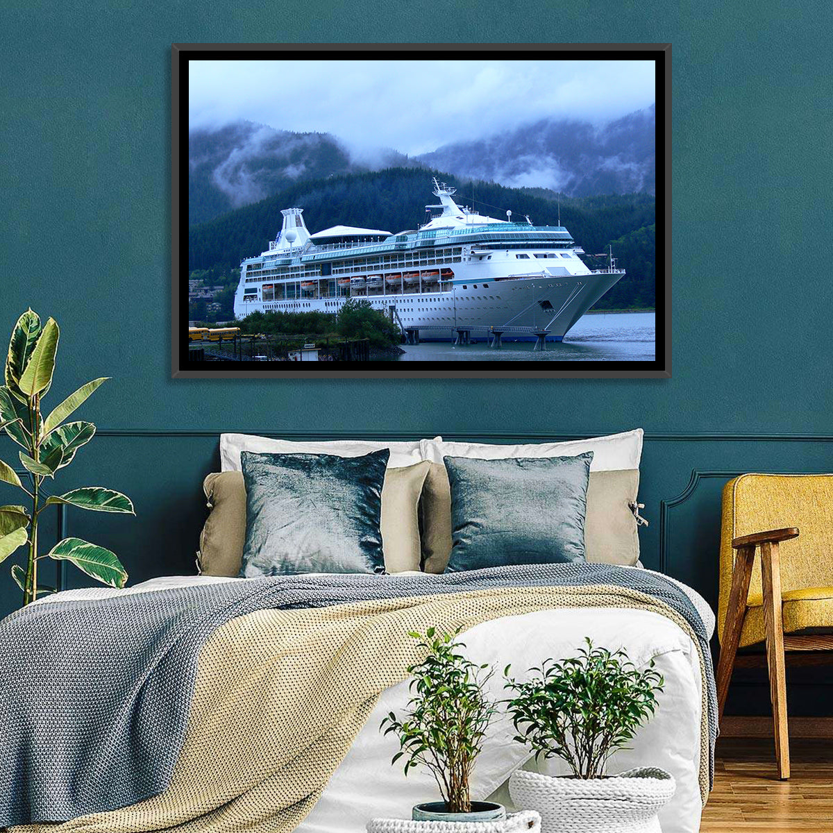 Misty Docked Cruise Ship Wall Art in a room, landscape