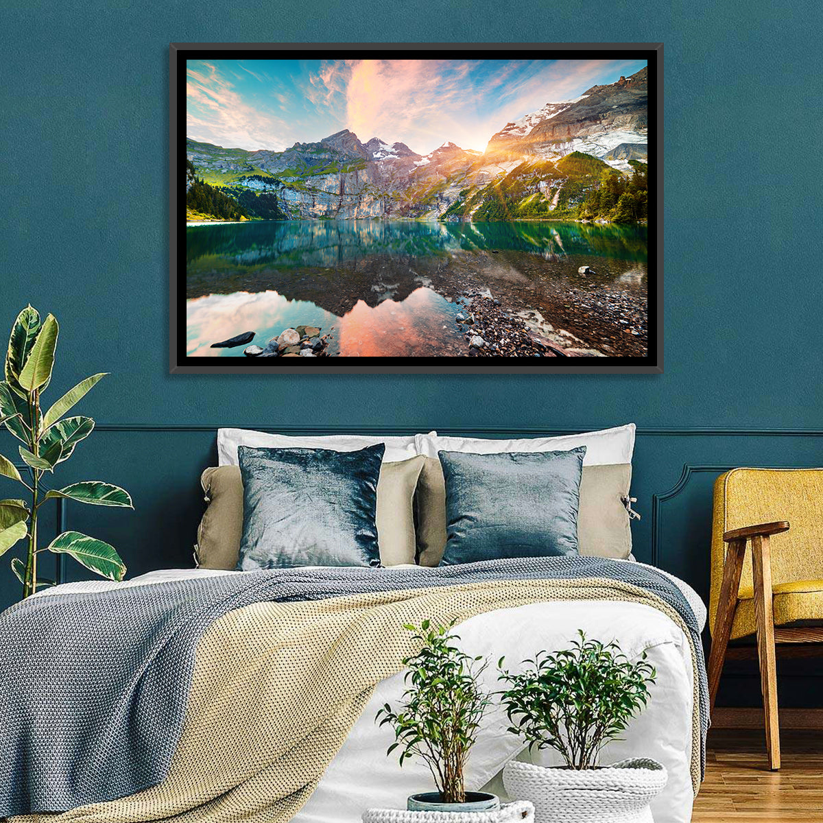 Oeschinensee Reflection Wall Art in a room, landscape