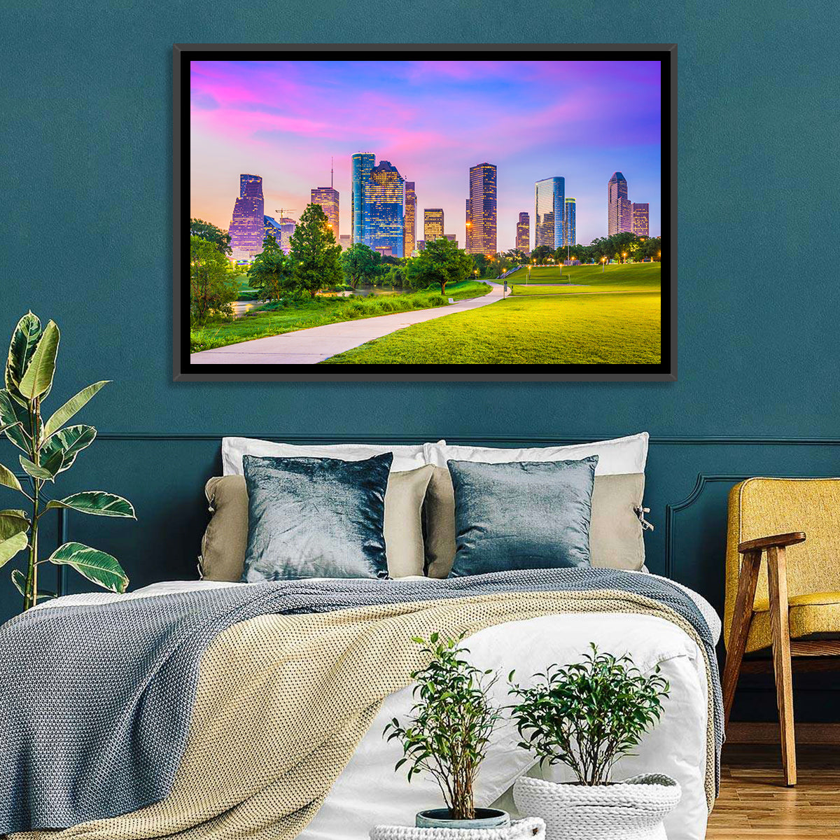 Houston Skyline at Dusk Wall Art in a room, landscape
