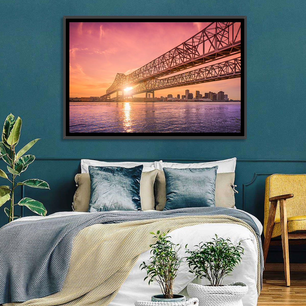 Crescent City Connection at Sunset Wall Art in a room, landscape
