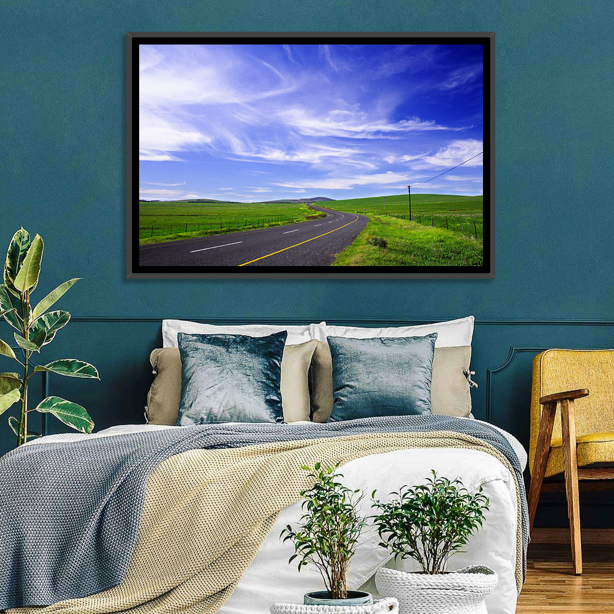 Winding Country Road in Green Fields Wall Art in a room, landscape