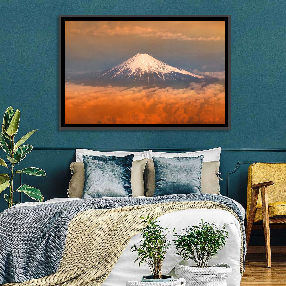 Snow-capped Mount Fuji at Sunset Wall Art in a room, landscape