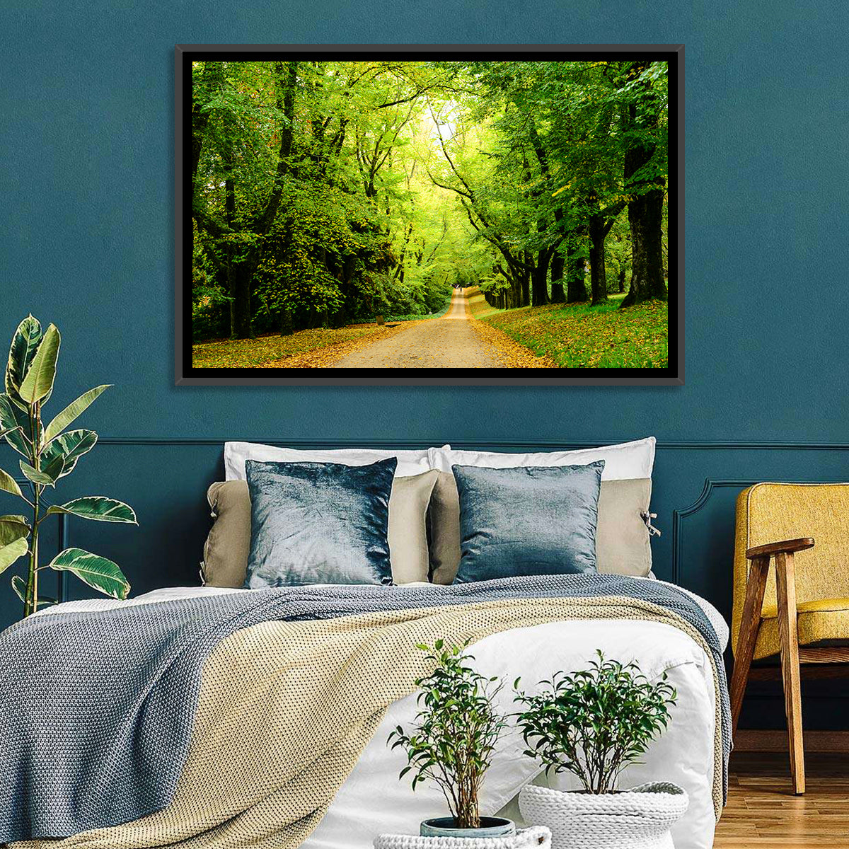 Sunlit Forest Pathway Wall Art in a room, landscape