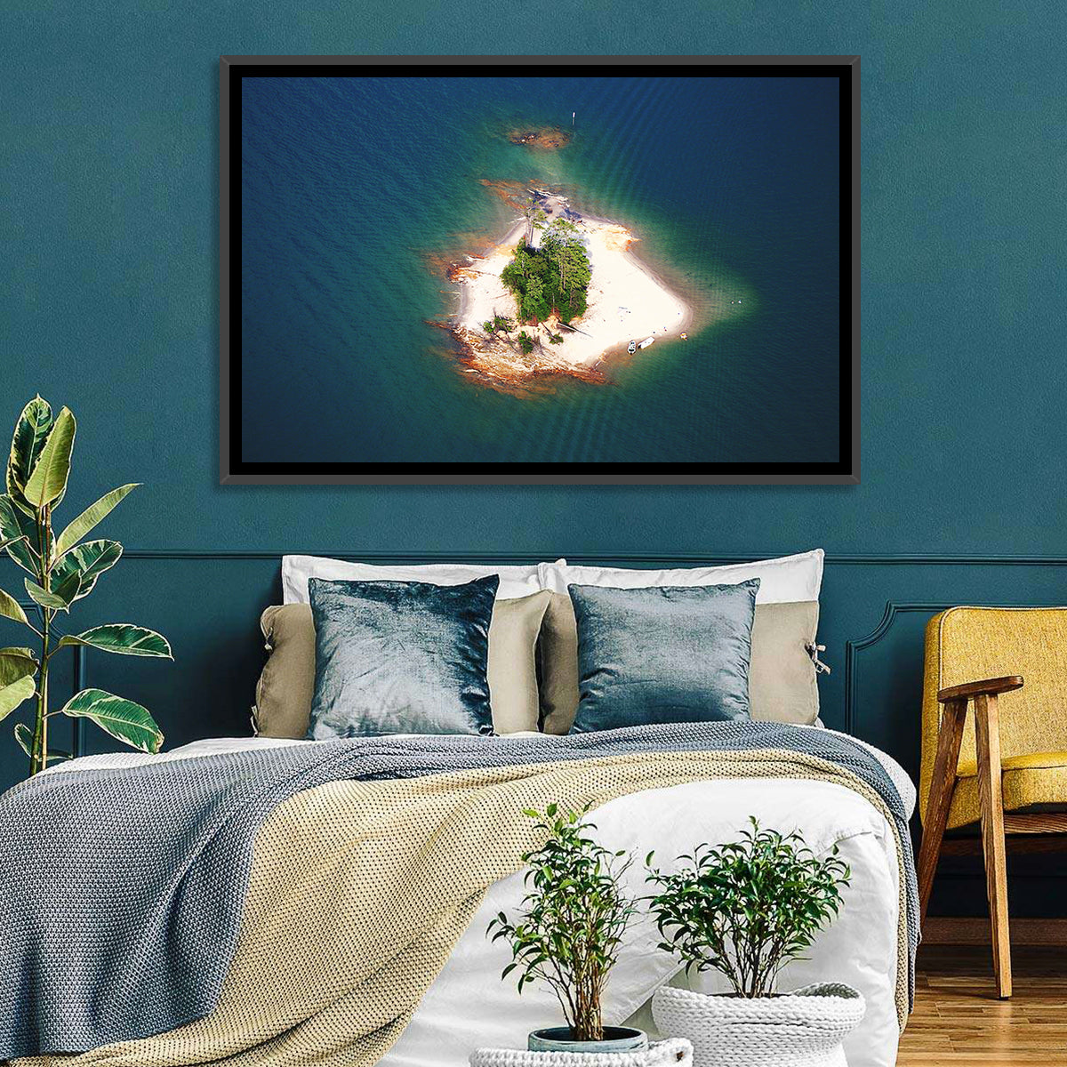 Lake Lanier Island Aerial View Wall Art in a room, landscape