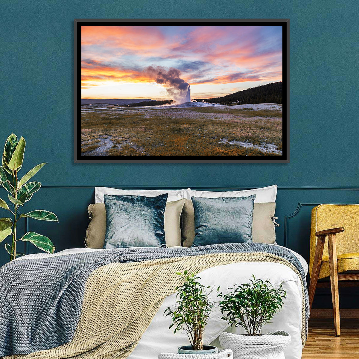 Old Faithful Erupting at Sunset Wall Art