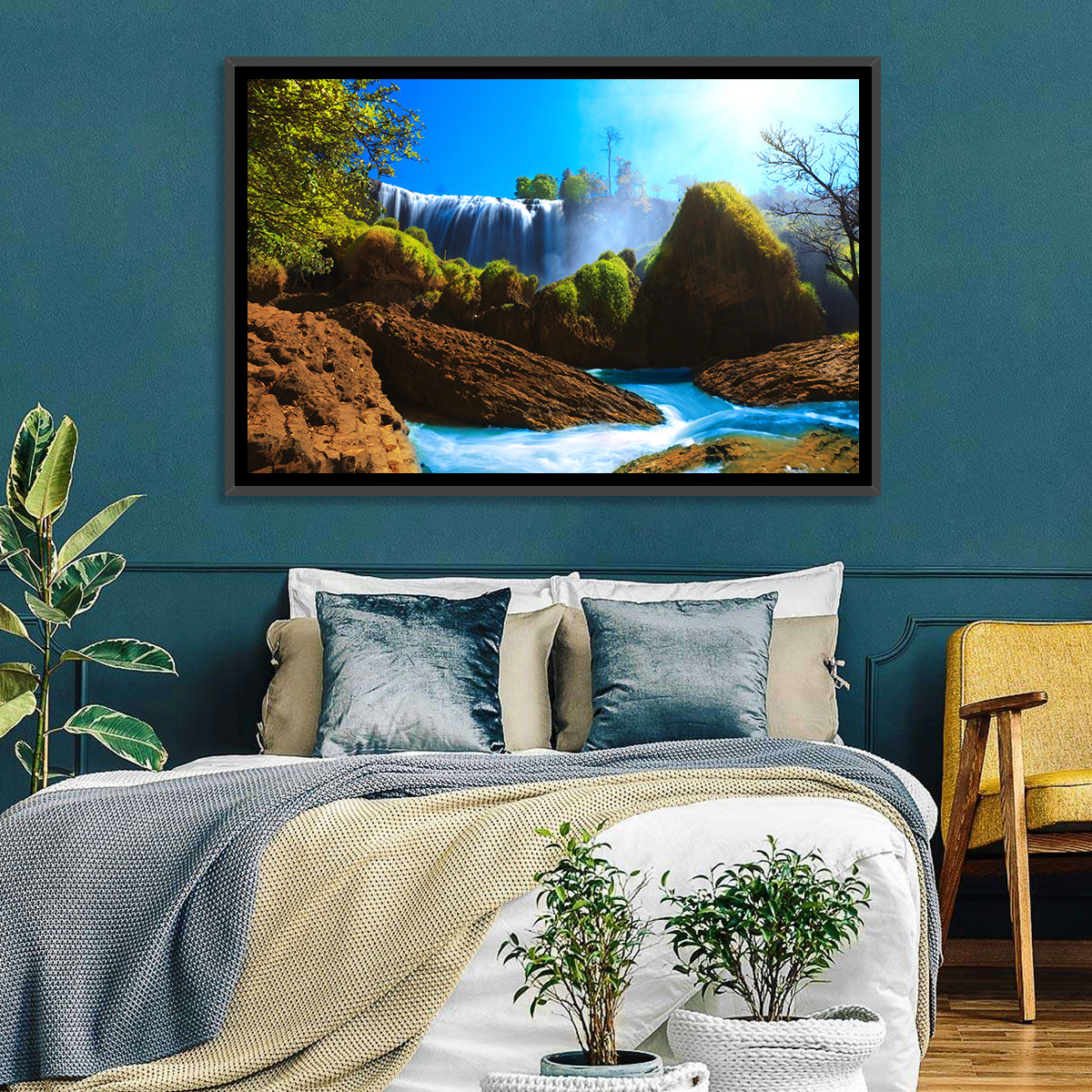 Sunlit Turquoise Waterfall Wall Art in a room, landscape
