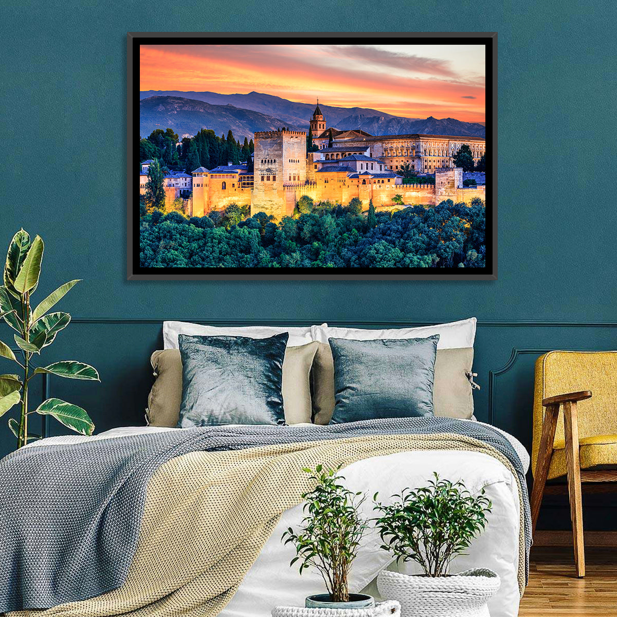 Alhambra Fortress at Golden Sunset Wall Art in a room, landscape