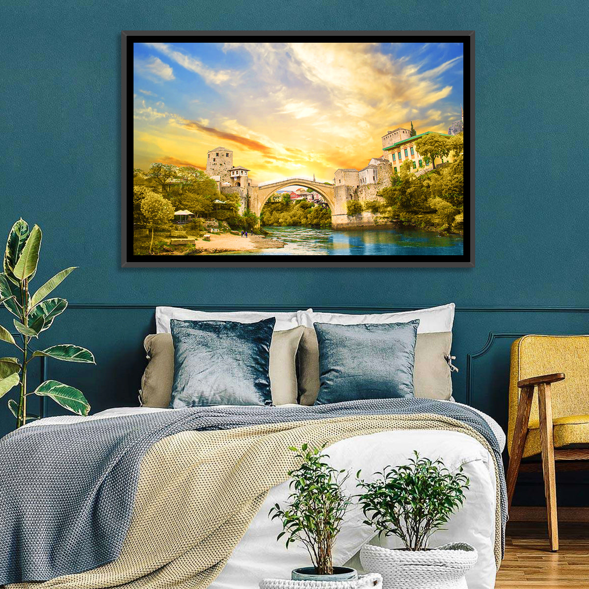 Stari Most at Sunset Wall Art in a room, landscape