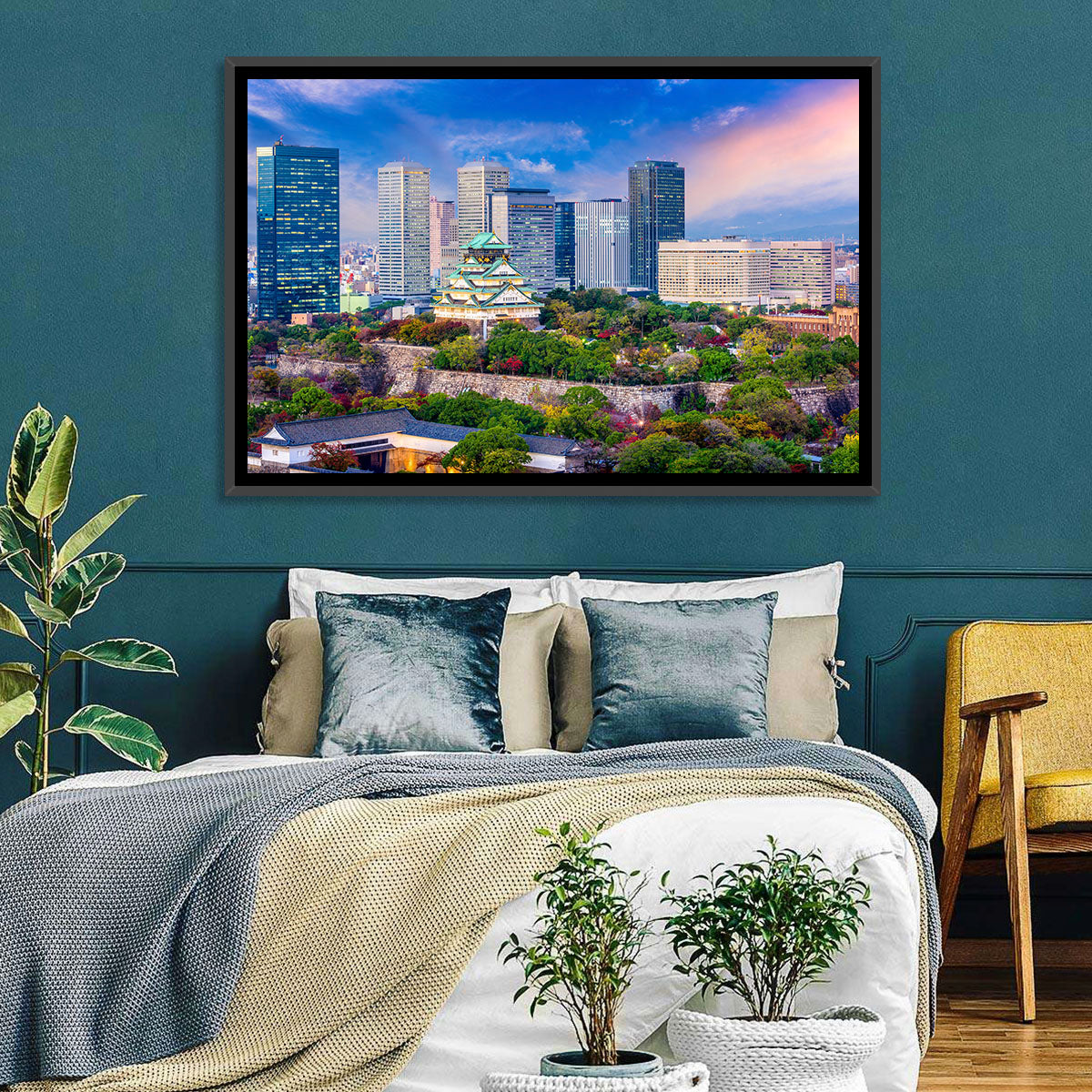 Osaka Castle Skyline at Dusk Wall Art in a room, landscape