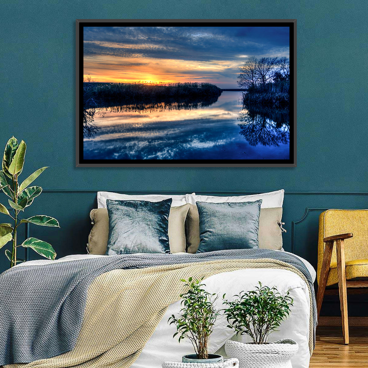 Louisiana Bayou Sunset Wall Art in a room, landscape