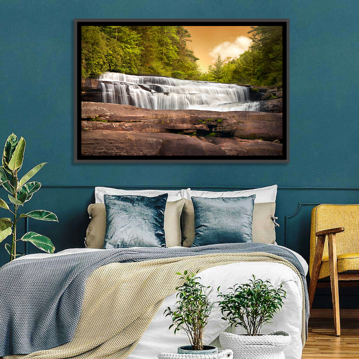 Blue Ridge Waterfall at Golden Hour Wall Art in a room, landscape