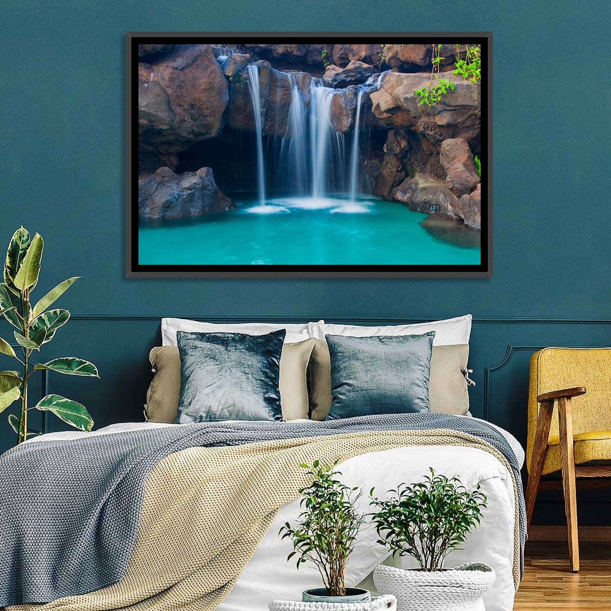 Waterfall Into Turquoise Pool Wall Art in a room, landscape