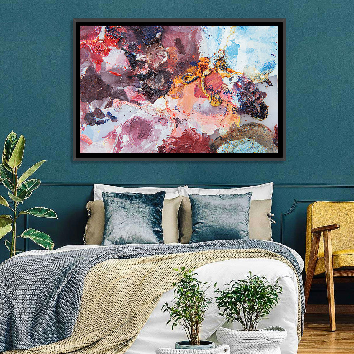 Impasto Color Swirl Abstract Wall Art in a room, landscape